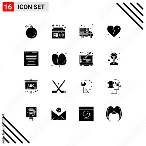 16 User Interface Solid Glyph Pack of modern Signs and Symbols of business, wedding, internet, heart, brokan photo