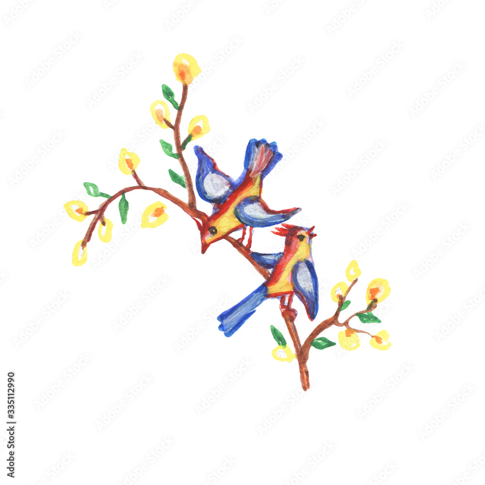 Birds on a branch. Watercolor illustration isolated on a white background.