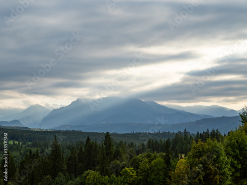 Autumn in Spisz in Poland and Slovakia with view to Tatra Mountains. Dramatic sky.