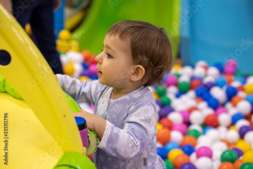 ittle cute toddler girl in a dress peeks over a side with interest on the background of a pool with balls