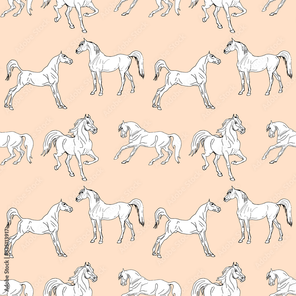 seamless background of pen-drawn horses on a white and colored background, pattern of isolated drawings seamless background of pen-drawn horses on a white and colored background, pattern of isolated drawings