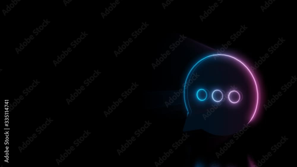 Abstract 3d rendering glowing blue purple neon symbol of rectangular rounded chat bubble with three dots with glowing outlines with rays on black background with reflection Abstract 3d rendering glowing blue purple neon symbol of rectangular rounded chat bubble with three dots with glowing outlines with rays on black background with reflection