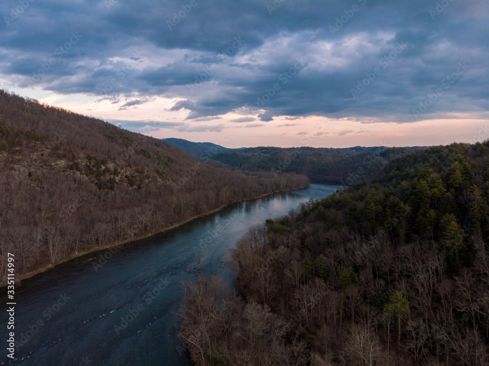 Aerial View of the New River in Southwest Virginia at Dusk