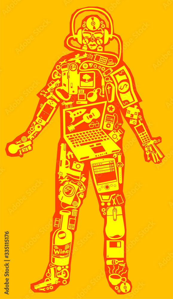 Illustration of gadget man, with yellow background vector