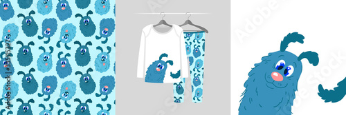 Seamless pattern and illustration handdrawn sketch style puppy. Cute design pajamas on the hanger. Baby background for clothes, room birthday decor, fashion tee print, wrapping