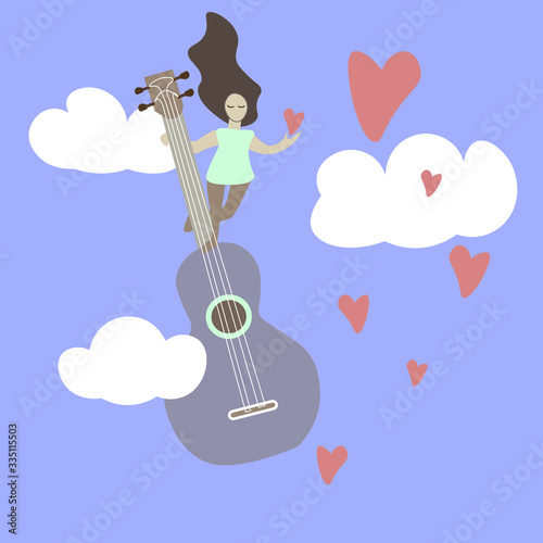 guitar in the clouds with a girl and hearts