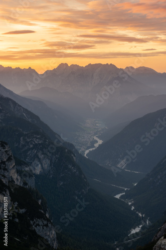 Aerial view of Cadore di Misurina photographed at sunrise. A small town famous for its lake and the nearby three peaks of Lavaredo