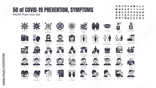 Simple Set of Covid-19 Prevention Solid Glyph Icons. such Icons as Protective, Coronavirus, Social Distancing, Symptoms, Quarantine, Stay at Home, Hand Washing, Shelter in Place 64x64 Pixel.