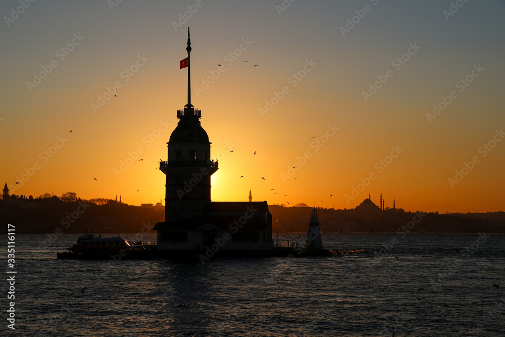 Maiden Tower (Kiz Kulesi) sunset landscape, Istanbul / Turkey