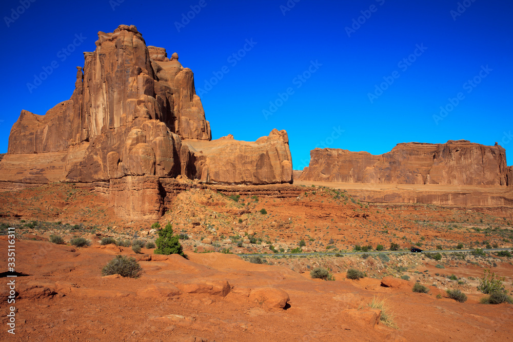 Moab, Utah / USA - August 18, 2015: Rock formation and landscape at Arches National Park, Moab, Utah, USA