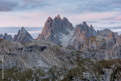 Panoramic view of the Dolomites at sunrise from the three peaks of Lavaredo
