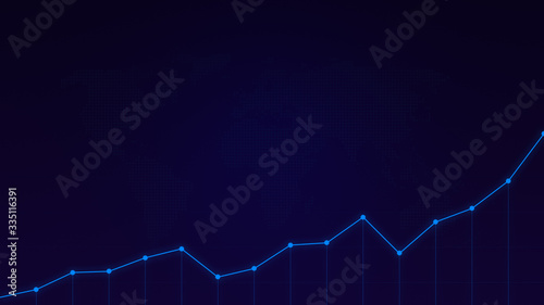 Light blue line graph on a blue blackground with world map in 4k resolution. Abstract stock market analysis or finance background.
