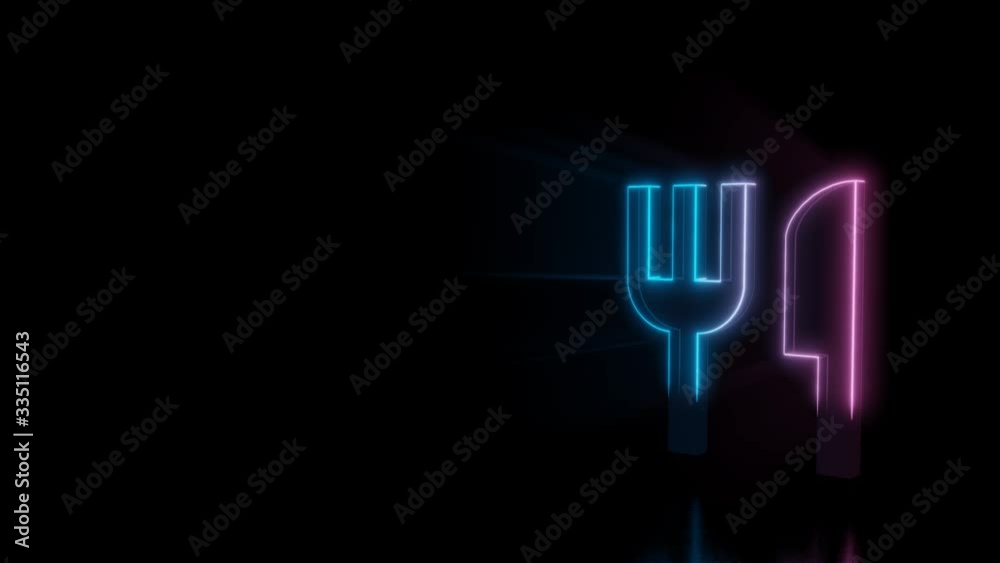 Abstract 3d rendering glowing blue purple neon symbol of fork and knife with glowing outlines with rays on black background with reflection Abstract 3d rendering glowing blue purple neon symbol of fork and knife with glowing outlines with rays on black background with reflection
