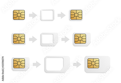 Realistic phone sim-card converter set. eSIM to Nano, Nano to Micro, Micro to Normal SIM card adapter.