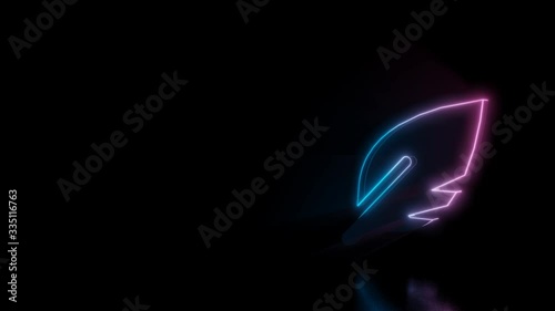 Abstract 3d rendering glowing blue purple neon symbol of sharpen feather  with glowing outlines with rays on black background with reflection