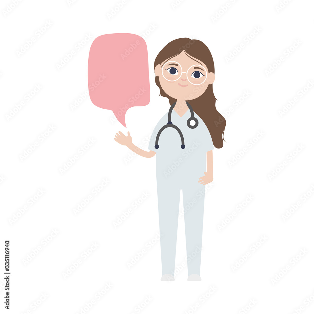 cute doctor woman standing and speech bubble icon, flat style cute doctor woman standing and speech bubble icon, flat style