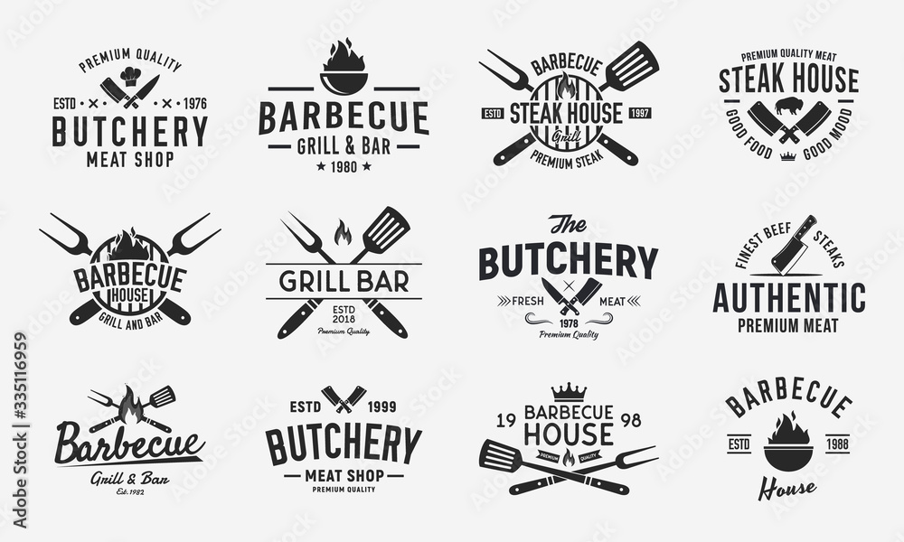 Vintage logo set for Meat Restaurants. Hipster barbecue emblems. Restaurant labels, emblems, logo. Logo template for bbq. steakhouse, butcher, grill bar. Vector illustration
