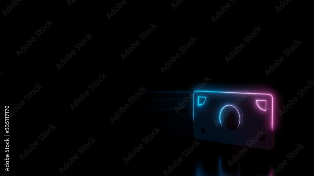 Abstract 3d rendering glowing blue purple neon symbol of inverse banknote   with glowing outlines with rays on black background with reflection