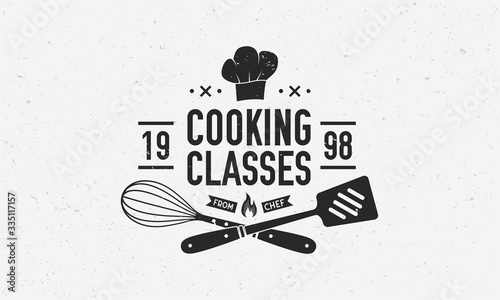 Vintage Chef logo. Cooking Class template logo with spatula, whisk and chef hat. Modern design poster. Logo, Poster for food studio, cooking courses, culinary school. Vector illustration