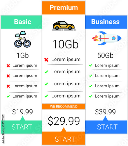 Illustration of price table with three steps,heading, creative design vector