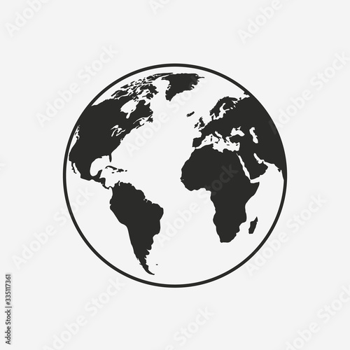 Earth globe icon isolated on white background. North and South America, Europe, Asia and Africa. Vector world map.