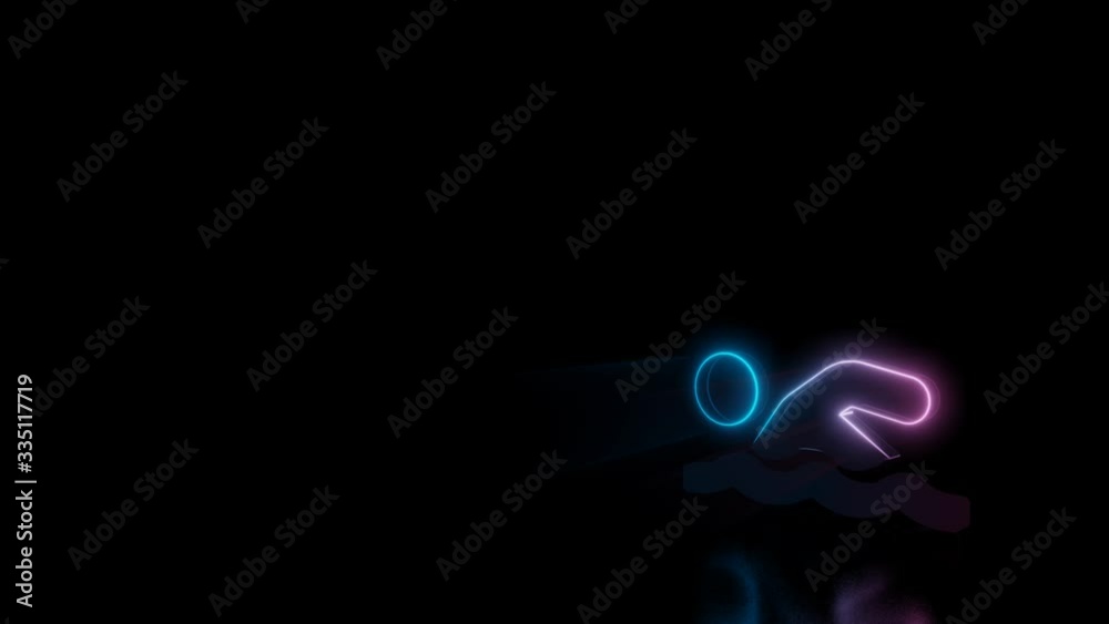 Abstract 3d rendering glowing blue purple neon symbol of swimmer with glowing outlines with rays on black background with reflection