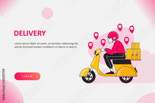 Delivery service concept, happy delivery man riding scooter or moped to deliver packages to destination in time, vector illustration