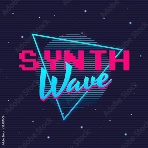 Synthwave retro futuristic glow logo. Neon logo design. 80's style label with abstracts geometric shapes. Vector Print for T-shirt, typography.