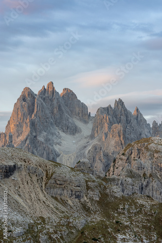 Panoramic view of the Dolomites at sunrise from the three peaks of Lavaredo