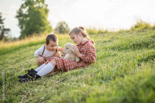 siblings brother and sister gently caring for spring newborn lamb on a freerange organic farm sanctuary  sitting on a green lawn grass  © Lumistudio