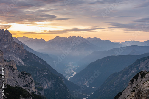 Aerial view of Cadore di Misurina photographed at sunrise. A small town famous for its lake and the nearby three peaks of Lavaredo