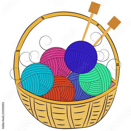 Balls of wool and knitting needles lie in a basket.