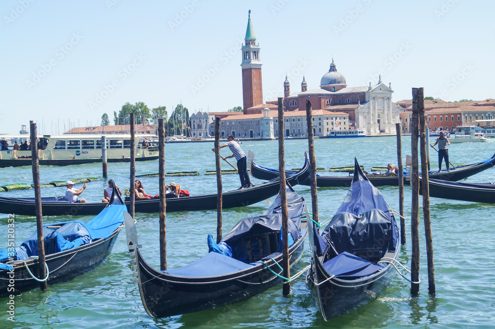 Gondolas moored by Saint Mark square Venice, Venezia, Italy, Europe
