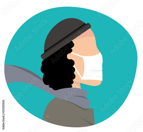 Vector. The man is walking in the mask. Urban style. Protection from 2019-nCoV, COVID-19, SARS-CoV-2, coronavirus, virus, flu, disease, air pollution.