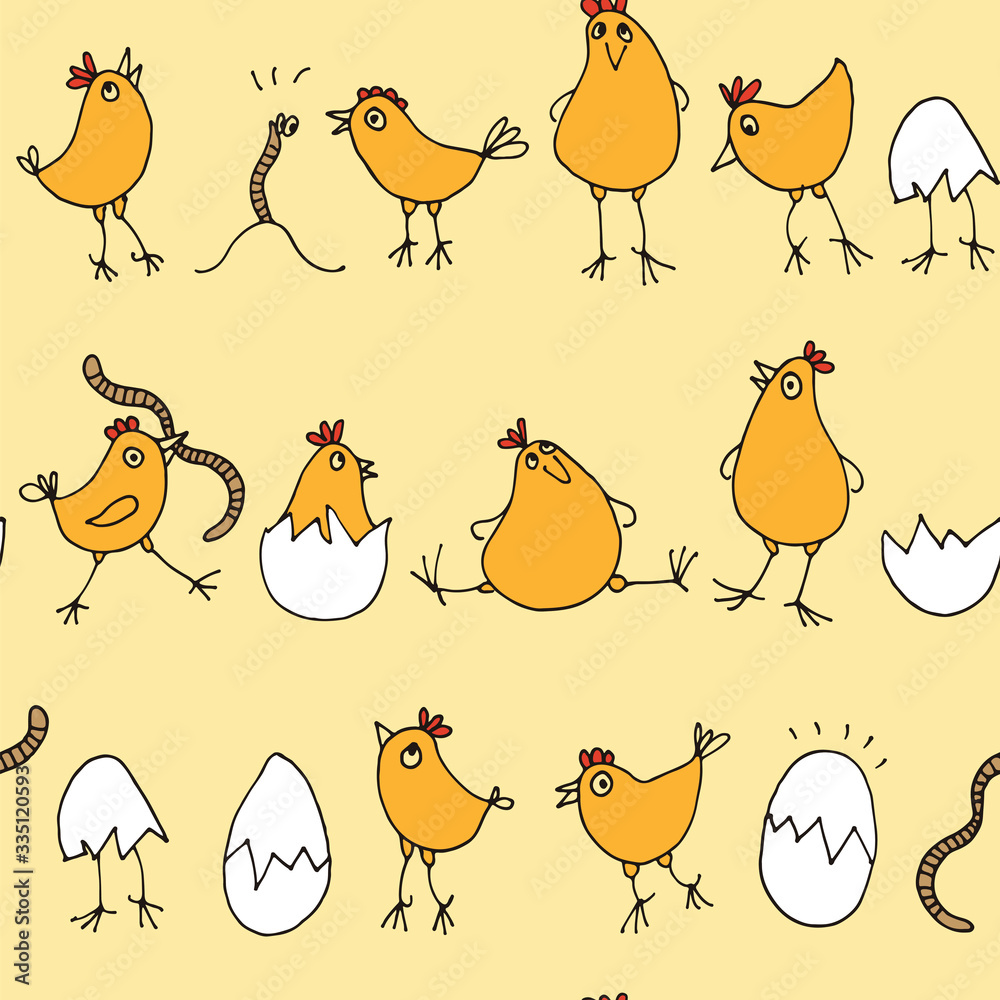 Obraz Little chicks baby pattern, seamless background with cute cartoon rooster, eggs and worms