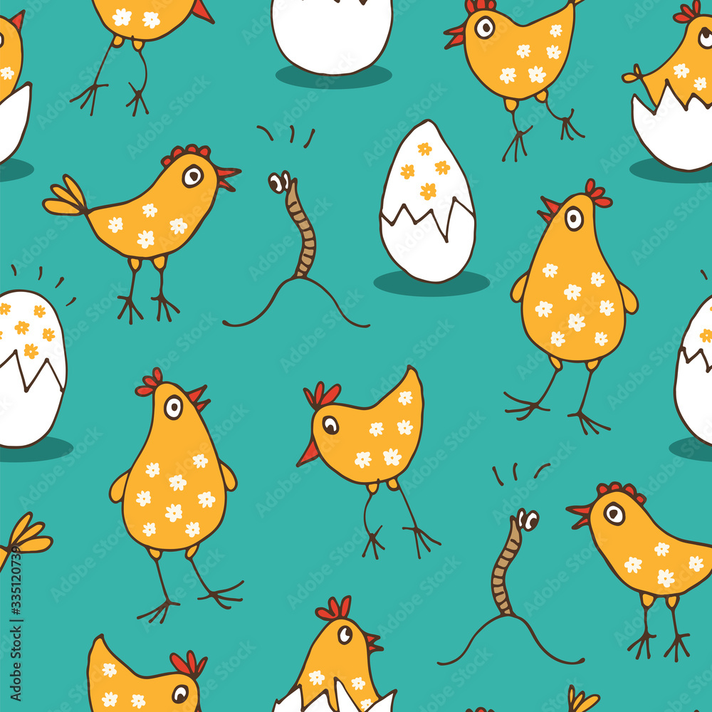 Obraz premium Little chicks baby pattern, seamless background with cute cartoon rooster, eggs and worms