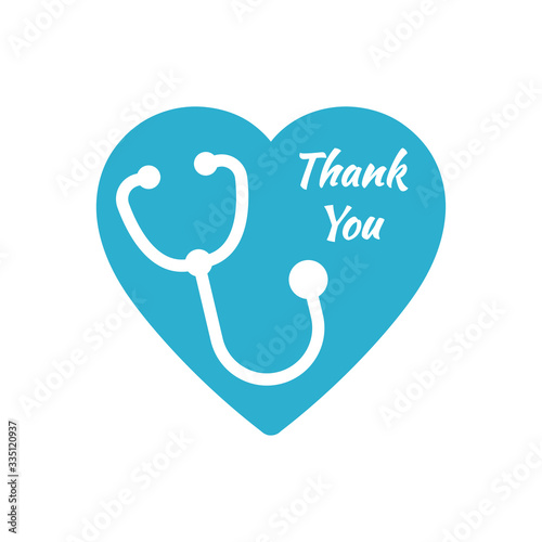 Blue heart with text thank you and stethoscope, greeting doctor with medical holiday. Vector illustration