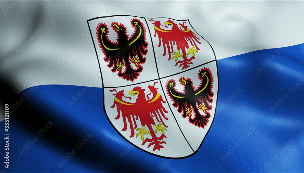 Fototapeta premium 3D Waving Italy City Flag of Trentino Alto Adige Sudtirol Closeup View.