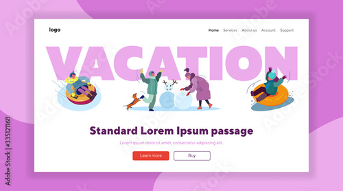 Winter vacation for kids set. Parents, children making snowman, skiing, skating, suburb street with houses. Flat vector illustrations. Family concept for banner, website design or landing web page