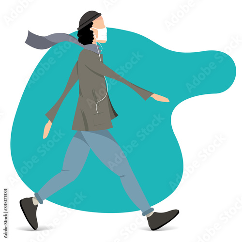 Vector. The man is walking in the mask and headphones. Urban style. Protection from 2019-nCoV, COVID-19, SARS-CoV-2, coronavirus, virus, flu, disease, air pollution.