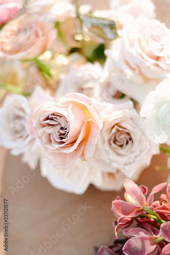 Wedding flowers  bridal decor closeup. Decoration made of peonies  roses and decorative plants