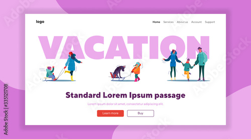 Winter vacation set. Families, children skating on ice, sleighing, country houses. Flat vector illustrations. Leisure, recreation, holiday concept for banner, website design or landing web page