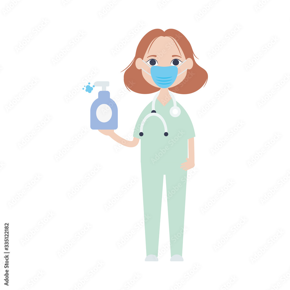 doctor woman with mouthmask and holding a antibacterial gel bottle, flat style doctor woman with mouthmask and holding a antibacterial gel bottle, flat style