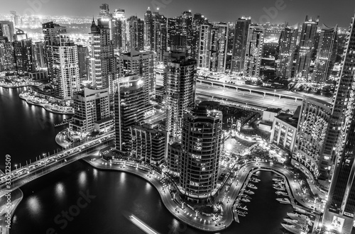 The beauty of skyline at night in Dubai Marina just from the top