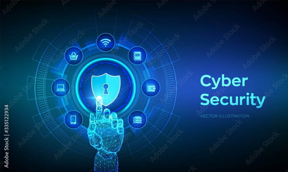 Cyber Security. Data protection business concept on virtual screen. Shield protect icon. Internet privacy and safety. Antivirus interface. Robotic hand touching digital interface. Vector illustration. Cyber Security. Data protection business concept on virtual screen. Shield protect icon. Internet privacy and safety. Antivirus interface. Robotic hand touching digital interface. Vector illustration.