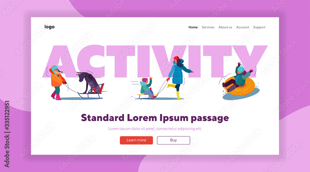Winter outdoor activity set. Parents, kids skating on ice, sleighing, mountain resort landscape. Flat vector illustrations. Recreation, holiday concept for banner, website design or landing web page Winter outdoor activity set. Parents, kids skating on ice, sleighing, mountain resort landscape. Flat vector illustrations. Recreation, holiday concept for banner, website design or landing web page