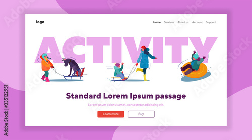 Winter outdoor activity set. Parents, kids skating on ice, sleighing, mountain resort landscape. Flat vector illustrations. Recreation, holiday concept for banner, website design or landing web page