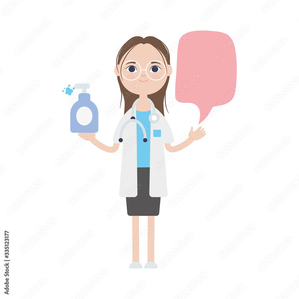 cartoon doctor woman holding a antibacterial gel bottle and speech bubble, flat style cartoon doctor woman holding a antibacterial gel bottle and speech bubble, flat style