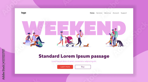 Weekend activities set. Families, kids, friends walking, jogging, shopping, city park view. Flat vector illustrations. Lifestyle, recreation concept for banner, website design or landing web page