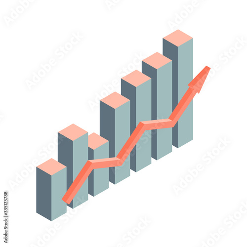 Graphic chart of financial growth and progress with an arrow. Isometric style. Vector isolated illustration on the theme of business and success.